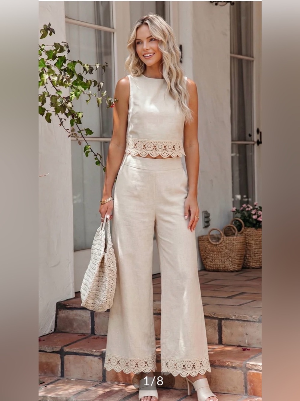 Commense Cotton Linen-Lace Trim Two Piece Pants Set